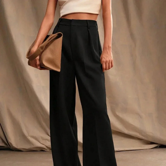 Black Casual Women's Plain Straight High-Waisted Pants - Picture 2 of 6